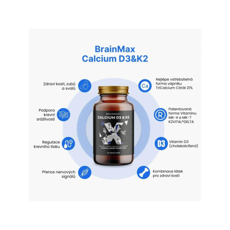 BrainMax Calcium D3 & K2, vápník s vitamínem D3 & K2, 90 rostlinných kapslí