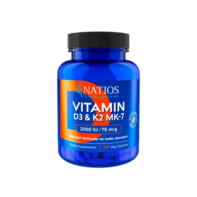 NATIOS Vitamin D3 & K2 (MenaQ7 MK-7), 2000 IU & 75 mcg, 100 kapslí, PegraStore.cz
