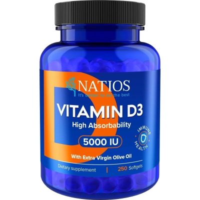NATIOS Vitamin D3, Vysoce vstřebatelný, 5000 IU, 250 softgel kapslí (s olivovým olejem)