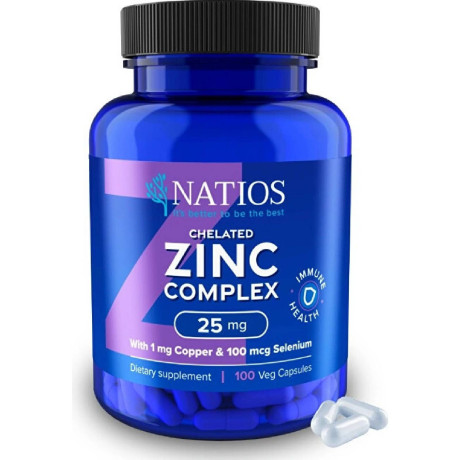 NATIOS Zinc Chelated Complex, Zinek, selen a měď, 25 mg, 100 veganských kapslí, PegraStore.cz