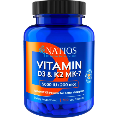 NATIOS Vitamin D3 & K2 (MenaQ7 MK-7), 5000 IU & 200 mcg, 100 kapslí, PegraStore.cz