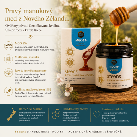 Pravá Manuka z Nového Zélandu.
Certifikovaná kvalita MGO 85+.