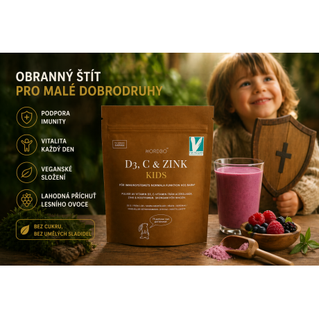 Každodenní podpora imunity a vitality pro malé dobrodruhy – v lahodné příchuti lesního ovoce a s čistým veganským složením.