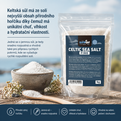 Keltská sůl s přirozenými minerály.
Jemná struktura, rychlé rozpuštění, čistá chuť.