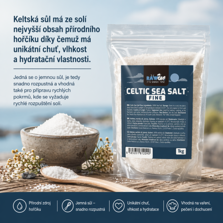 Keltská sůl s přirozenými minerály.
Jemná struktura, rychlé rozpuštění, čistá chuť.