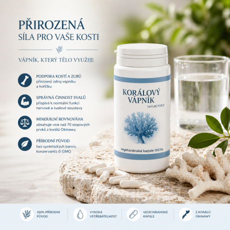 Přírodní vápník pro kosti, zuby a svaly v praktických vegetariánských kapslích.