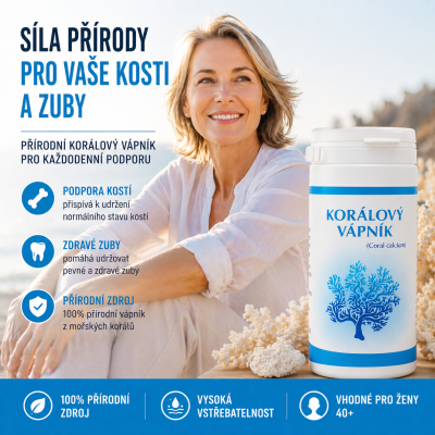 Koralovy vapnik pro kazdodenni podporu kosti a zubu. Vhodny pro zeny po ctyricitce a doplneni mineralu.
