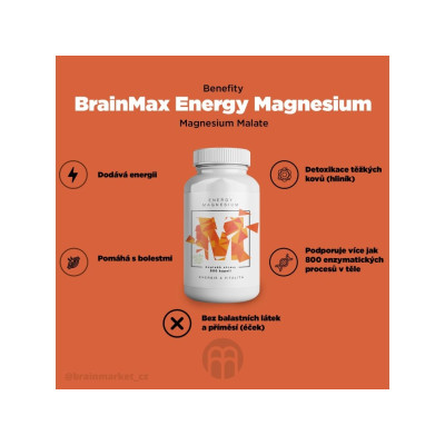 BrainMax Energy Magnesium, 1000 mg, 200 kapslí (Magnesium Malate - Hořcík malát, 164 mg), PegraStore.cz
