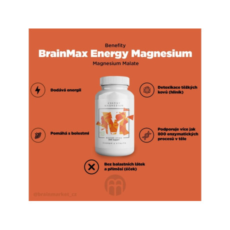BrainMax Energy Magnesium, 1000 mg, 200 kapslí (Magnesium Malate - Hořcík malát, 164 mg), PegraStore.cz
