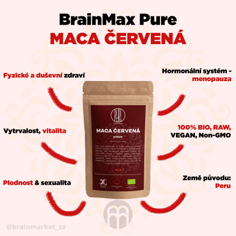 BrainMax Pure Maca červená BIO prášek, 200 g