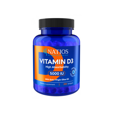 NATIOS Vitamin D3, Vysoce vstřebatelný, 5000 IU, 250 softgel kapslí (s olivovým olejem)